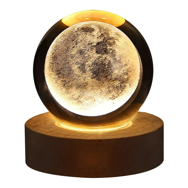 Lámpara de Bola Cristal Galáctica, Luz Nocturna Led con Sistema Solar, Esfera de Vidrio Grabada a Láser, Base Madera Decorativa, Puerto de Alimentación Usb, Ideal para Sala de Estar, Dormitorio y Pat