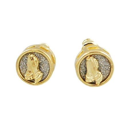 - Mens 14k Gold Plated 8mm Iced Out Hip Hop Bling Stardust iPray Praying Hands Round Circle Earrings