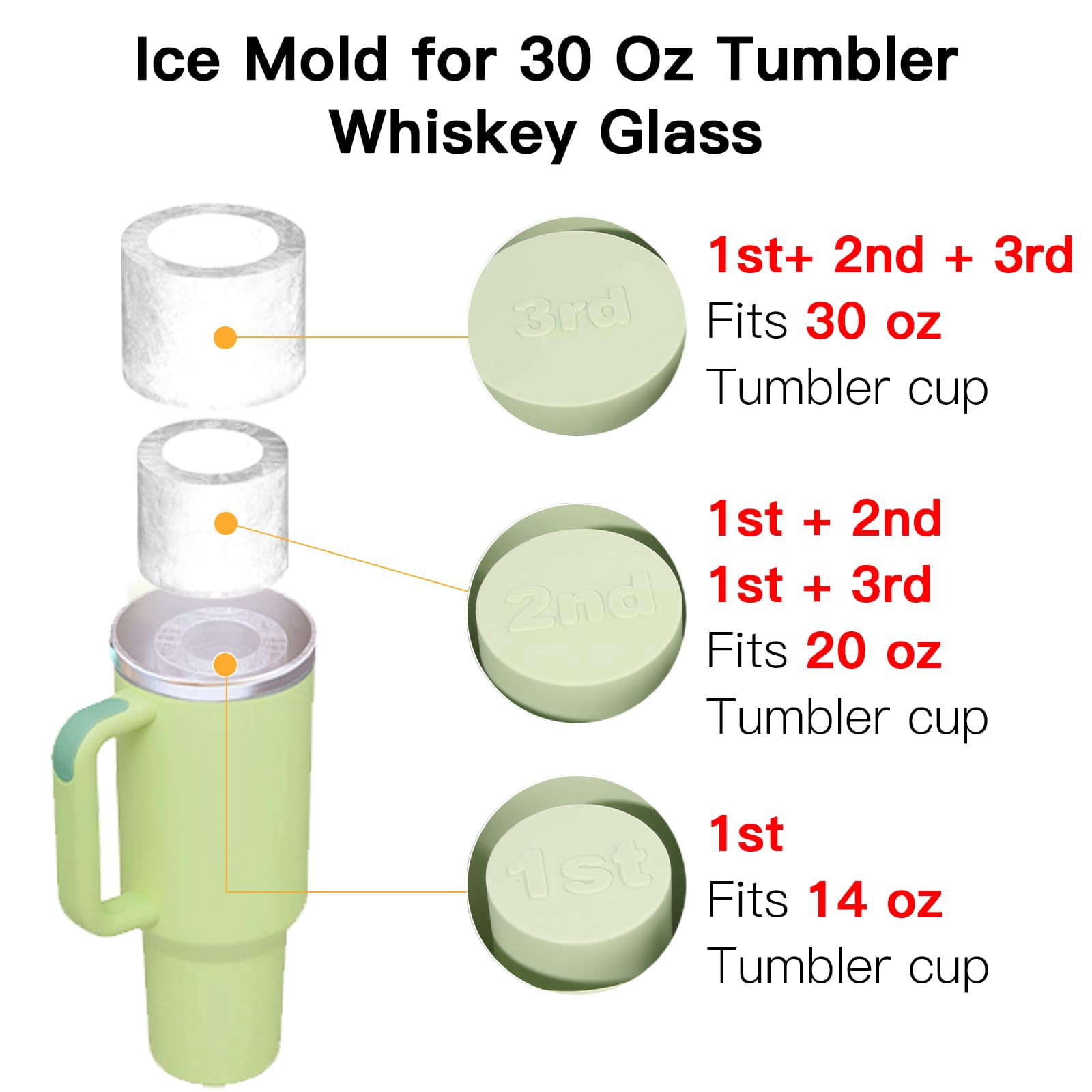 Ice Cube Tray For Tumbler Cup 30oz-40oz  3 Silicone Cylinder Mold With Lid And Bin Freezer Easy Fill Release Maker Cocktail (green 30oz-type1)
