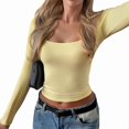thumbnail image 2 of Women Long Sleeve T Shirts Scoop Neck Slim Fit Going Out Tops Basic Tee Yellow M, 2 of 7