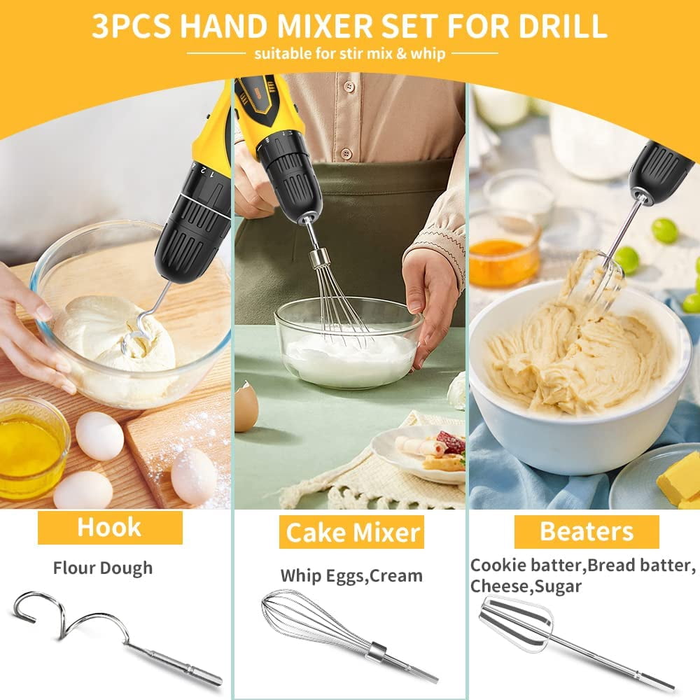 RGHJAR-3-Piece Stainless Steel Hand Mixer Attachment Set - Whisk, Dough Hook, Egg Beater for Drills - Dishwasher Safe, 7.5 Inch (Drill Not Included)