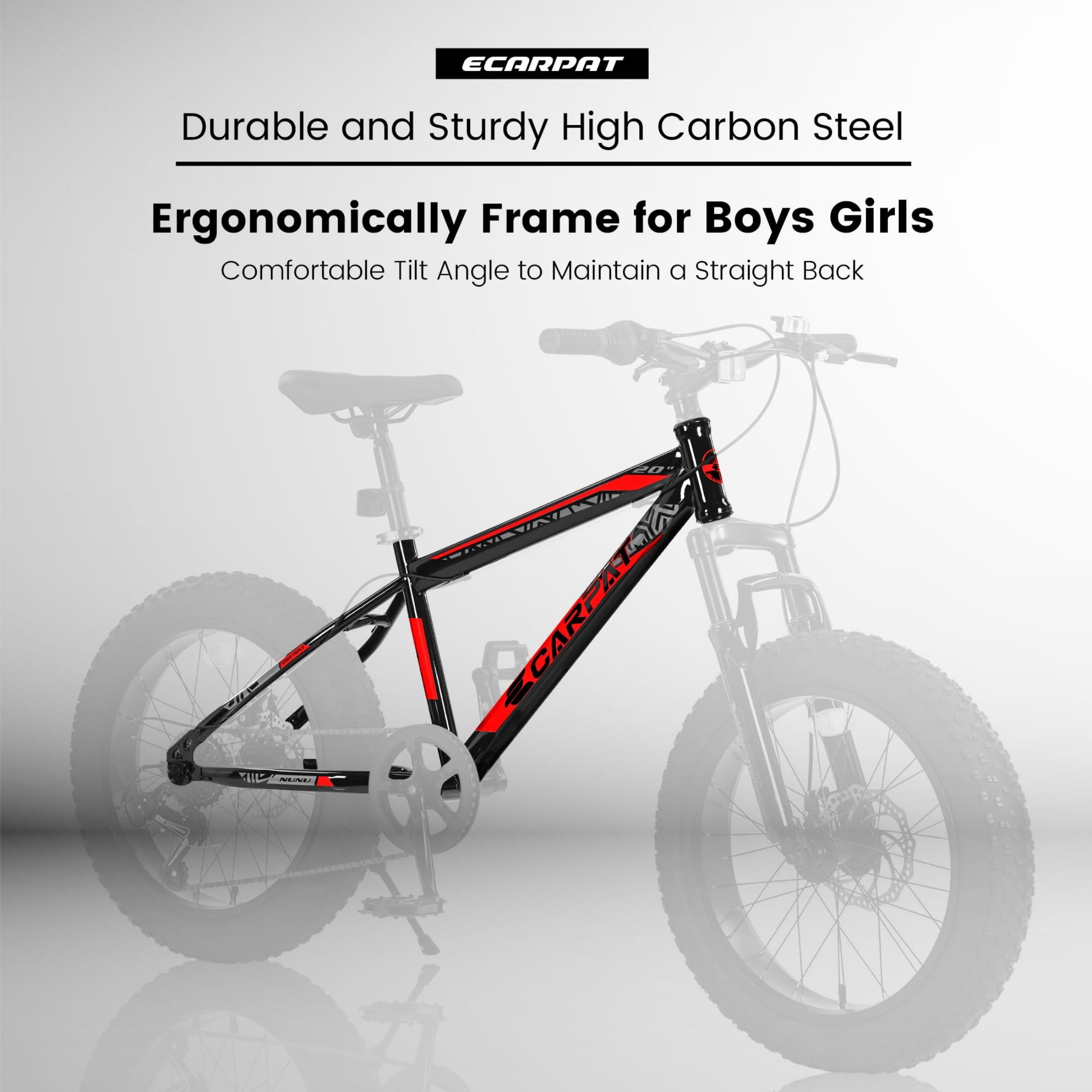 QEEKA 20 Inch Mountain Bike for Kids and Teenagers, High Carbon Steel Frame, Disc Brakes, Durable Wide Tires, Front Suspension, 7-Speed, Ideal for Snow and Off-Road Riding,Black+Red