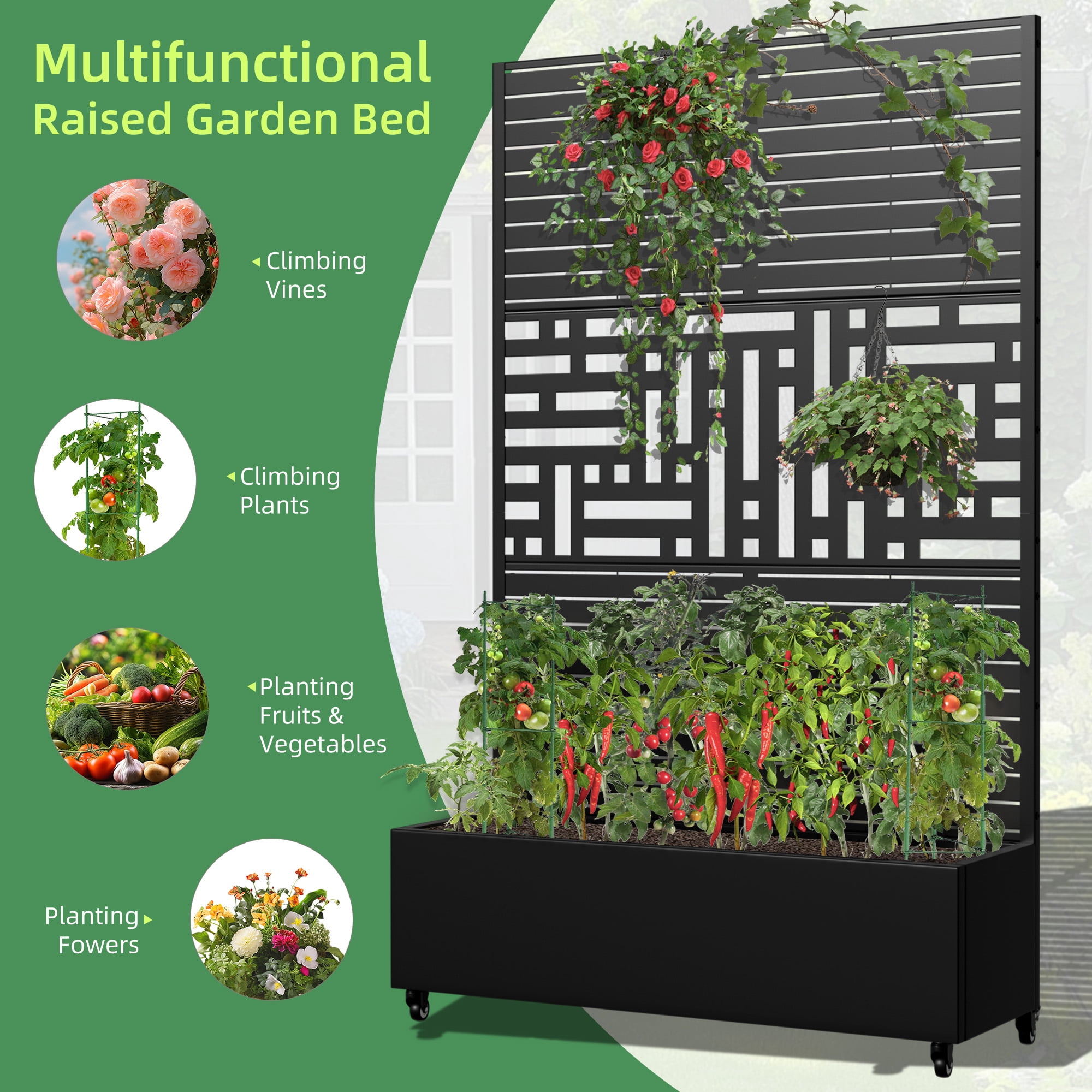 MAYEERTY 47*16*72" Outdoor Black Metal Planter Box with Trellis for Climbing Plants, Parallel & Street Pattern