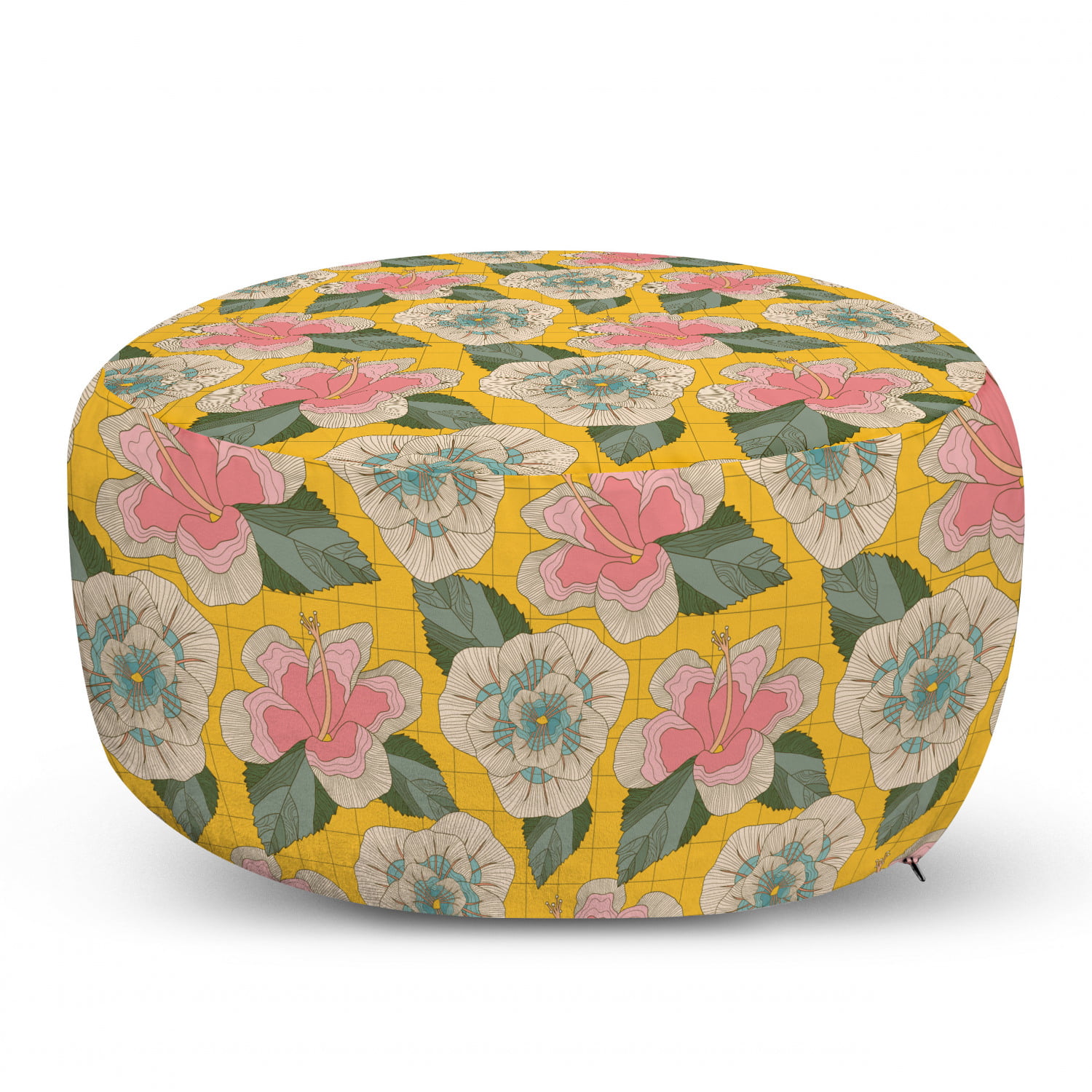 Tropical Pouf, Exotic Hand Drawn Hibiscus Flowers Sketch Thriving ...