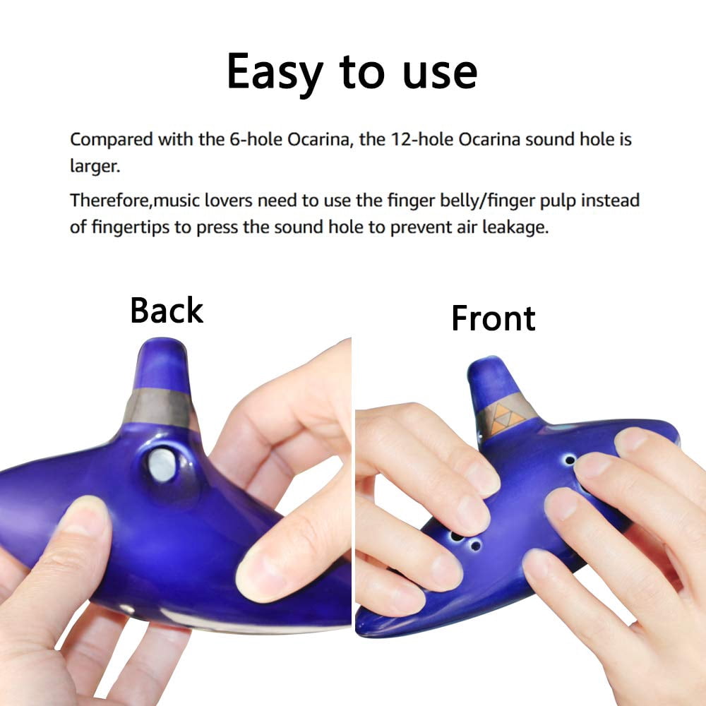 12 Hole C Ceramic Ocarina Flute Musical Instrument with Song Book (Neck Strap Cord with Random Color)- Blue