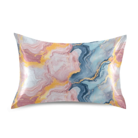 Satin Pillow Case Standard Silk Pillow Cover for Hair and Skin Envelope Closure Blue Pink Yellow Marble 20"x26"