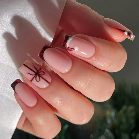 Christmas Glitters Press On Nails 24pcs Red French Manicure Short Square Fake Nails Shines Surfaces For Gift Giving Season