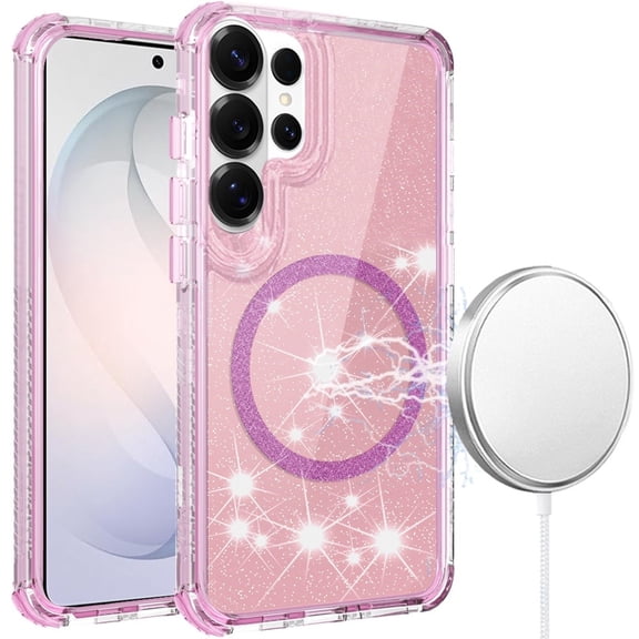 For Samsung s26 Ultra Magnetic Ring Glitter 3in1 Hybrid Case Cover - Pink