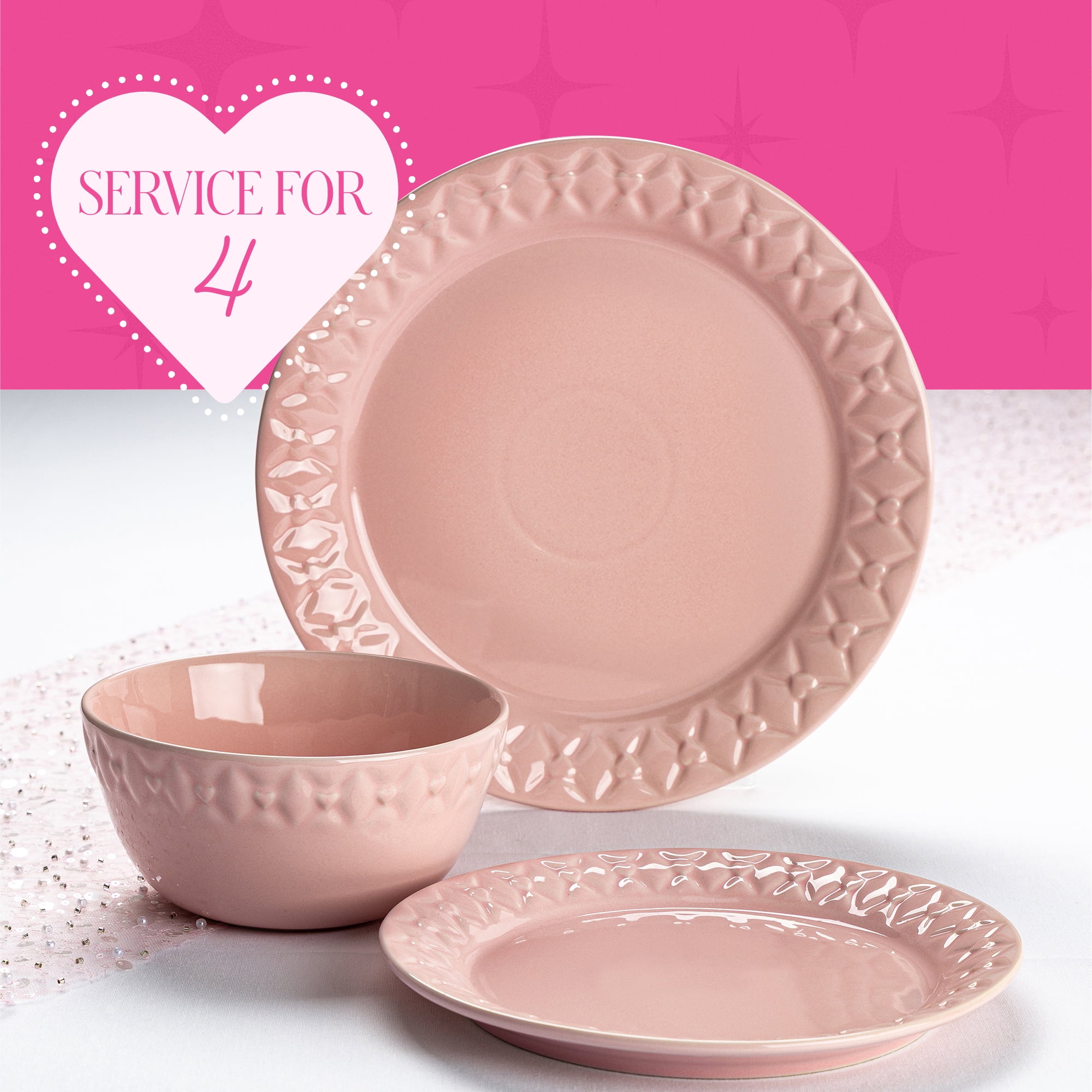 Paris Hilton Etoile Collection 12-Piece Stoneware Dinnerware Set, Plates & Bowls Dish Set, Service for 4, Microwave & Dishwasher Safe, Pink