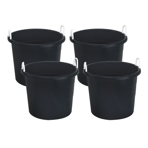 Homz 17 Gallon Utility Storage Bucket Tub w/ Rope Handle, Black, 4 Pack