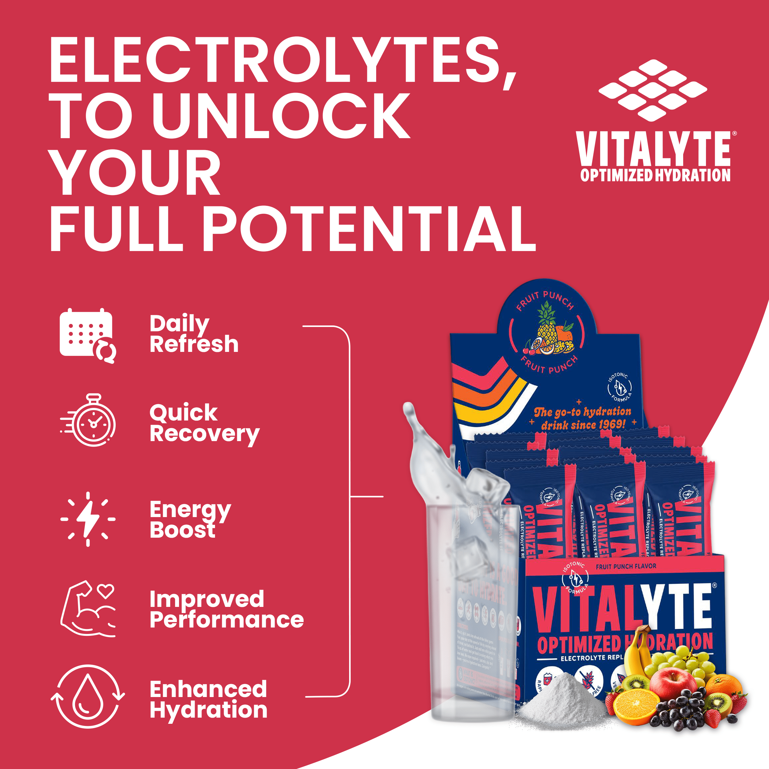 Vitalyte Fruit Punch Electrolyte Powder Packets Mix, Isotonic Hydration, 25 Single Serving Stick Packet