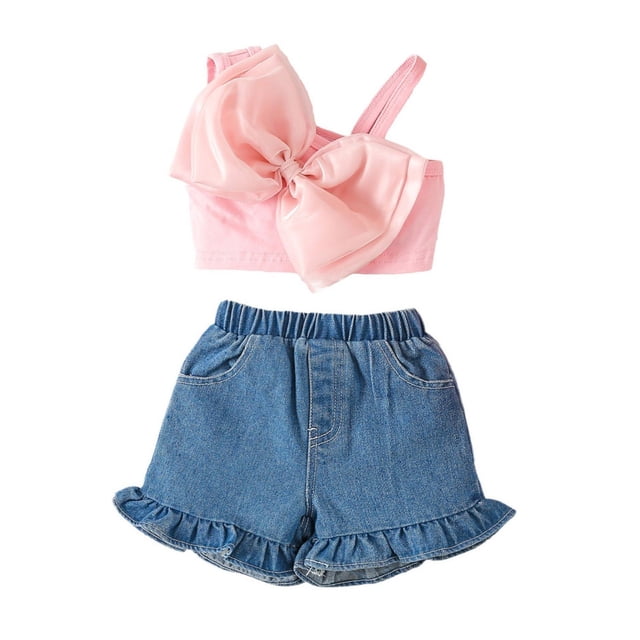 Hiiyo Girls Cropped Camisole Top and Denim Shorts Set Child Casual Clothes Set