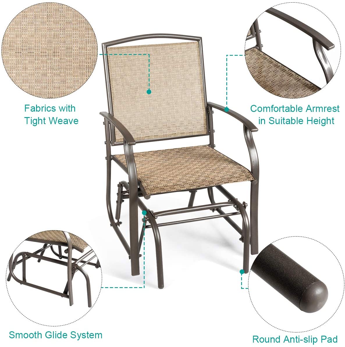 Outdoor Glider Chair W/Sturdy Metal Frame & Breathable Mesh Fabric, Porch Lounge Swing Rocking Chair for Lawn, Garden, Porch, Backyard, Poolside, Patio Glider - image 4 of 9