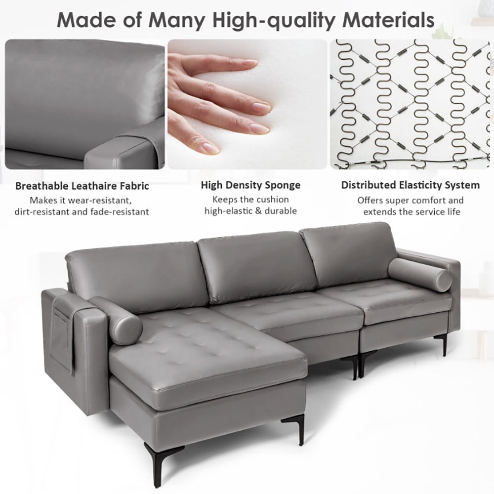 Finihen L-shaped Sectional Sofa Couch, Modular L-shaped 3-Seat Sectional Sofa with Reversible Chaise and 2 USB Ports, for Living Room, Light Gray Finihen L-shaped Sectional Sofa Couch, Modular L-shaped 3-Seat Sectional Sofa with Reversible Chaise and 2 USB Ports, for Living Room, Light Gray