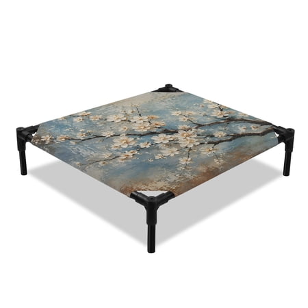 White Floral Elevated Dog Bed Rustic Plum Blossom Tree Branch Oil Painting Texture Cooling Breathable Outdoor Raised Dog Cot Bed with Metal Frame Non-Slip Feet for Small Dog 20x20in