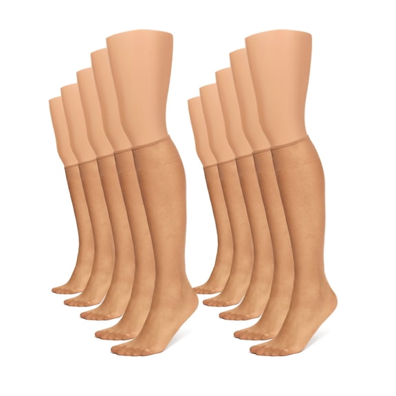 No Nonsense Women's Sheer Knee Highs With Reinforced Toe Value 10 Pair Pack, Tan, One Size