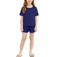 thumbnail image 4 of BRGZLK Girls Slik Homewear Unisex Solid Color Short Sleeve Round Neck Top Short Pants Home Clothing Two Pieces Set for Flora Party Navy 5-6 Years, 4 of 5