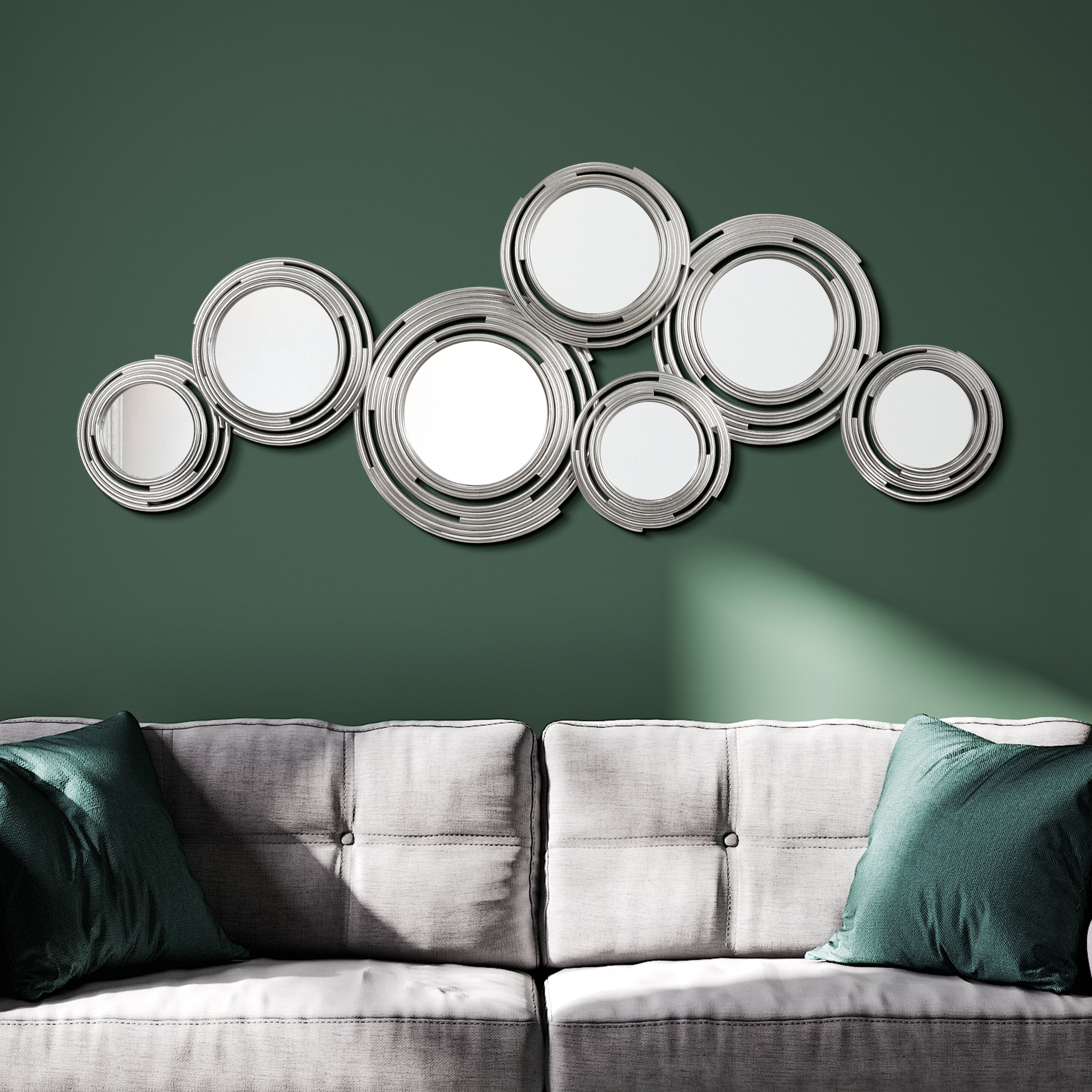 "Ascending Reflection" Circle Array Mirrors in Metal Foiled Frame,24"x59"