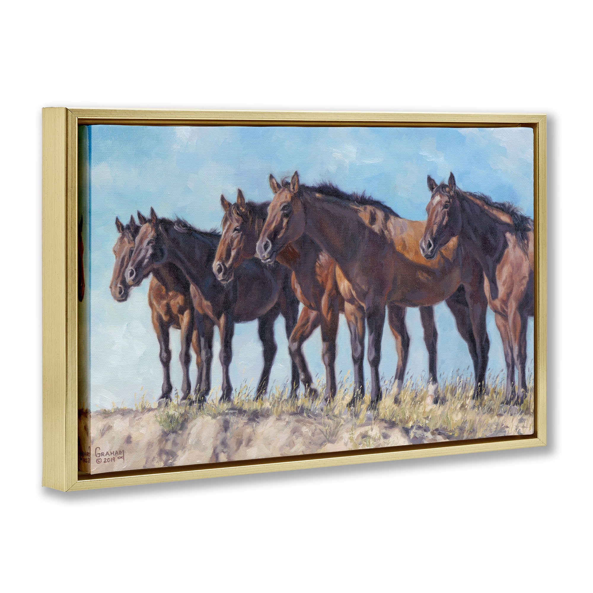 Stupell Industries Horse Herd Overlooking Desert Animals & Insects Painting Gold Floater Framed Canvas Art Print Wall Art, 31 x 21