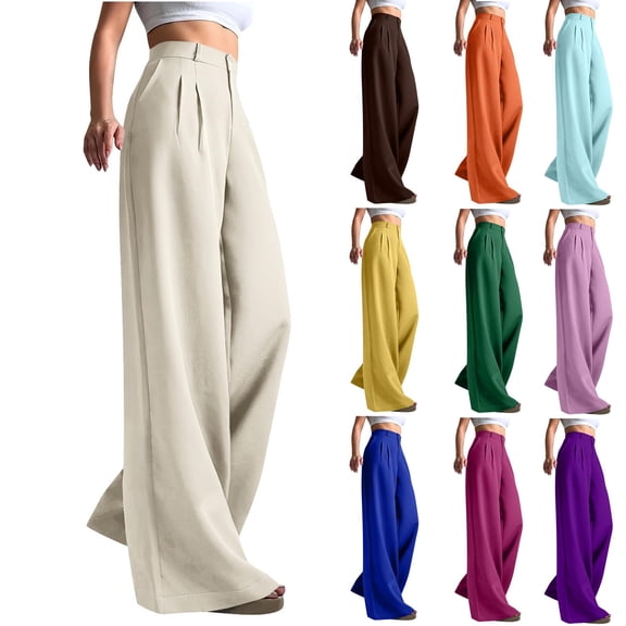 Wutalume Women's High Waisted Wide Leg Trousers - Business Casual Work Pants with Pockets, Solid Color Dressy for Office,Beige L