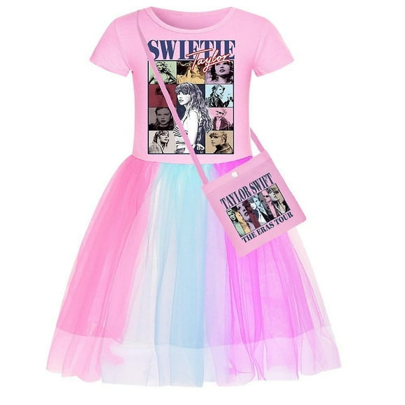 3-10Years Kids Girls Taylor Swiftie Print Princess Dress Skirt Birthday Party Cosplay Fancy Dress Tutu with Shoulder Bag