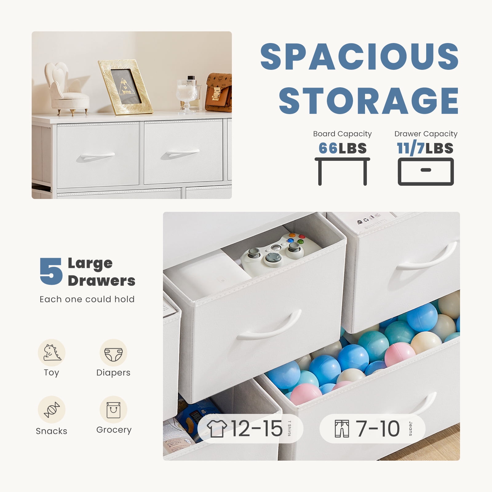 CONCETTA Dresser 5 Fabric Storage Drawer Dresser, TV Stand, Chest of Drawers for Bedroom, Closet, Entryway, Living Room, White
