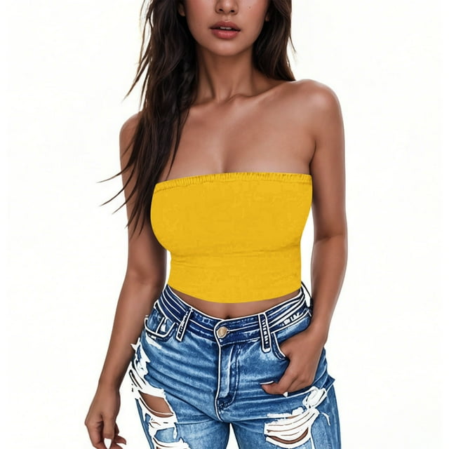 ZACPNCV Women's Shapewear Tube Tops Strapless Ruched Built-in Shelf Bra Casual Yellow 3XL