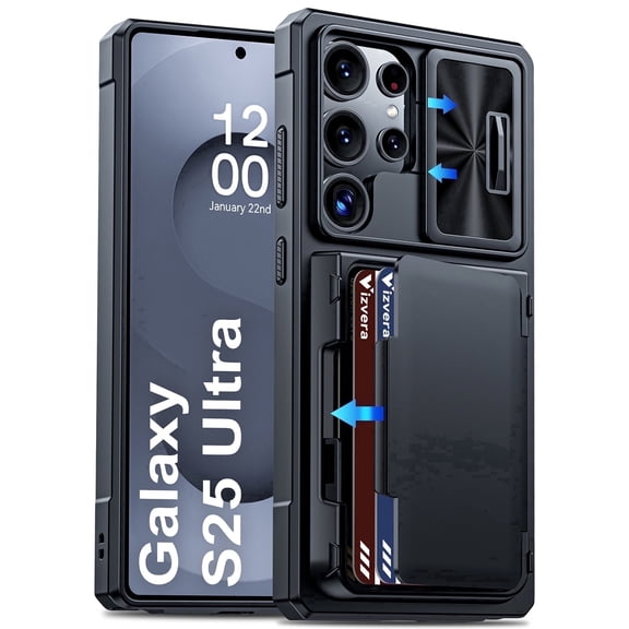 Vizvera for Samsung Galaxy S25 Ultra Wallet RFlD Cards Holder,Camera Control,Camera Cover,Rugged Shockproof Silicone Protective Phone Case-Black