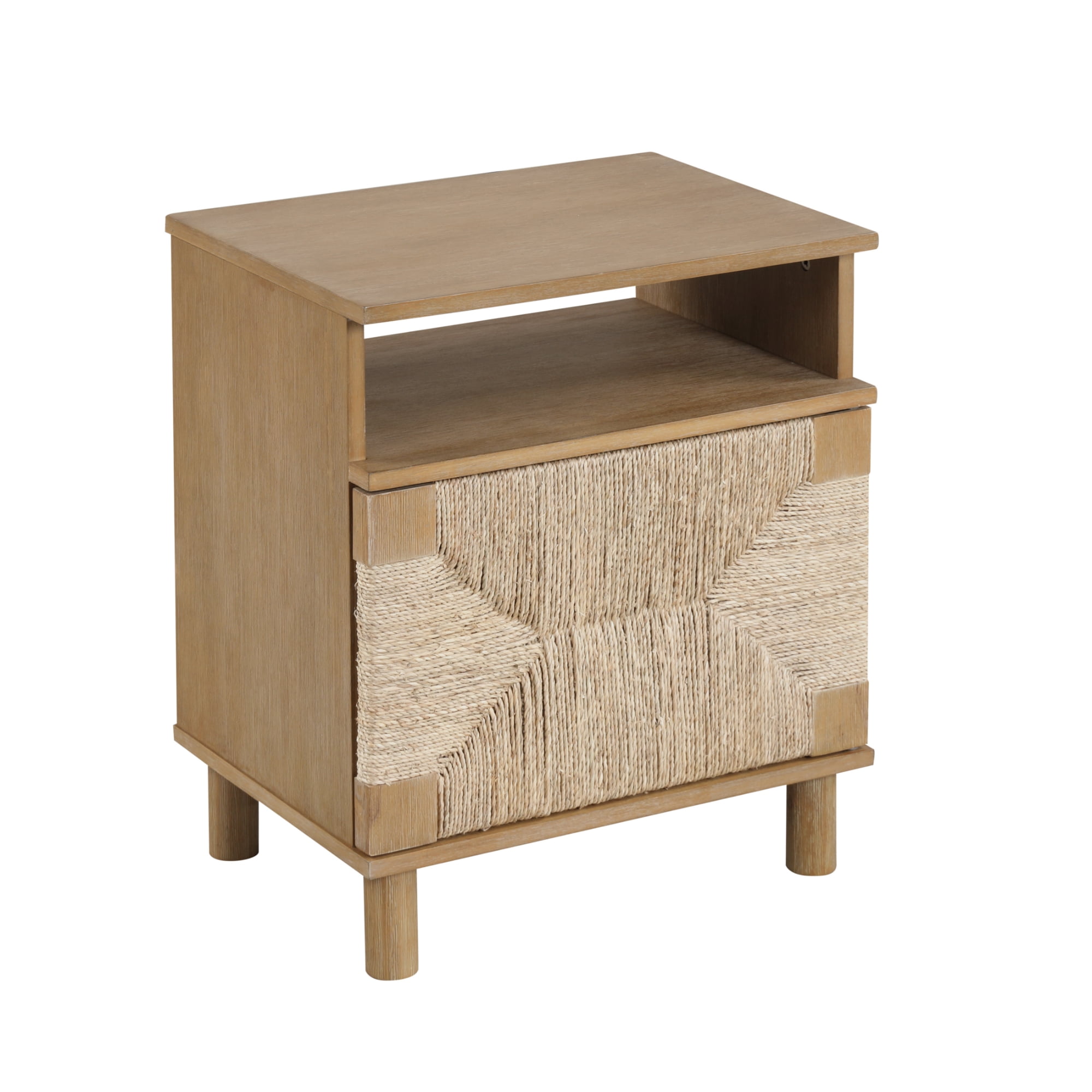 Nathan James Beacon Wood Nightstand, Bohemian Accent Table or Sofa Side Table with Seagrass Door for Bedroom or Living Room, Light Brown
