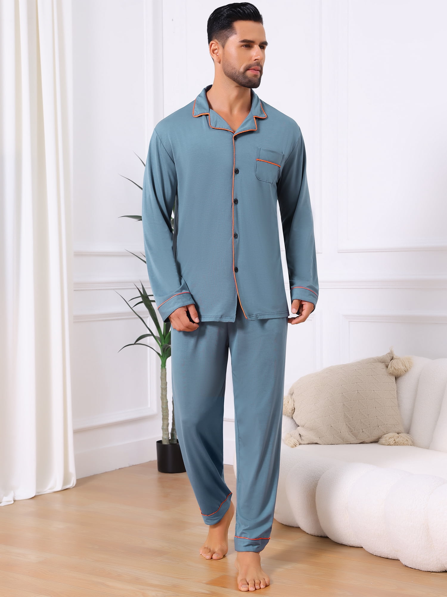 DARING DIVA Men's 2-Piece Long Sleeve Solid Color Button Down Pajamas Set S Gray Blue