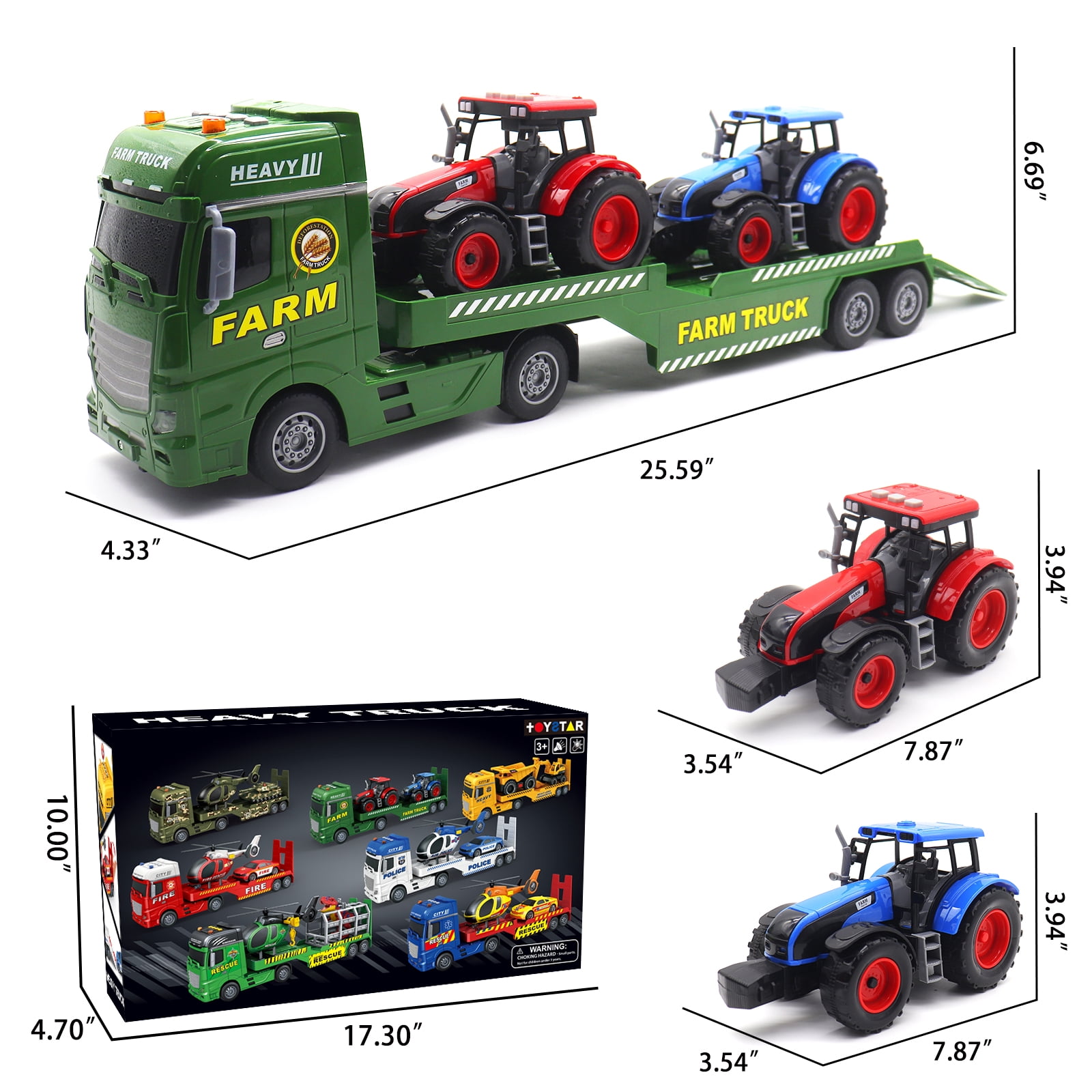3 in 1 Large Farmer Truck Toy, 25" Semi Flatbed Truck Toy with 2 Tractors, Friction Powered Vehicles Toys with Lights and Sounds