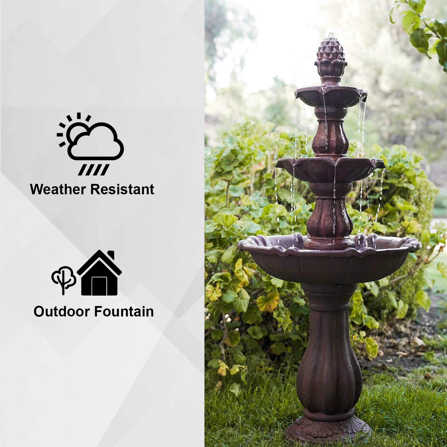 XBrand 3-Tier Water Fountain w/Pump & Pineapple Top, 51 Inch Tall, Brown, Large Outdoor Freestanding Waterfall Decor for Porch, Lawn and Garden