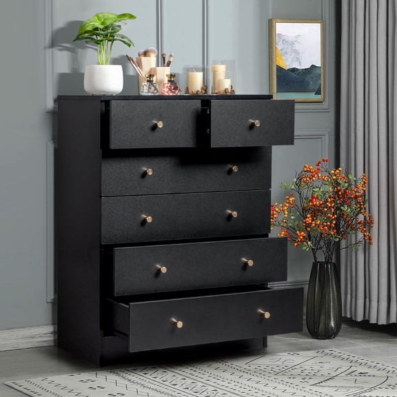 5-Tier 6-Drawer Dresser with Matte Gold Handles Particleboard Textured Melamine Storage Cabinet 25.98*12.99*35.04in Black