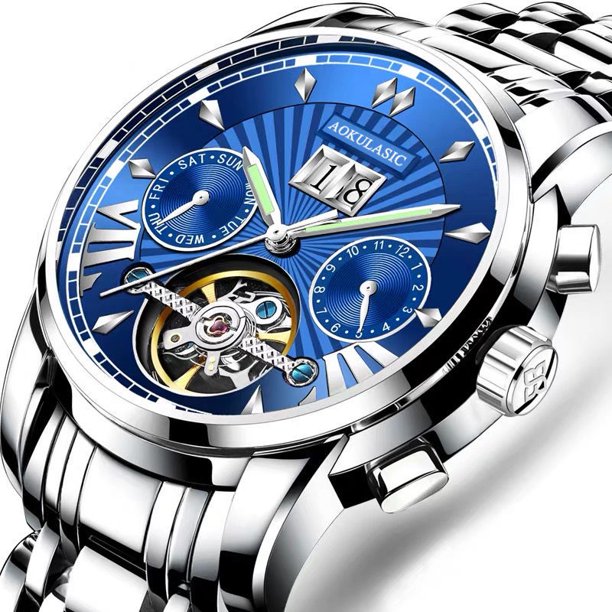 Reloj mecánico totalmente automático para hombre, reloj de acero inoxidable con correa de doble correa, reloj hueco para hombre