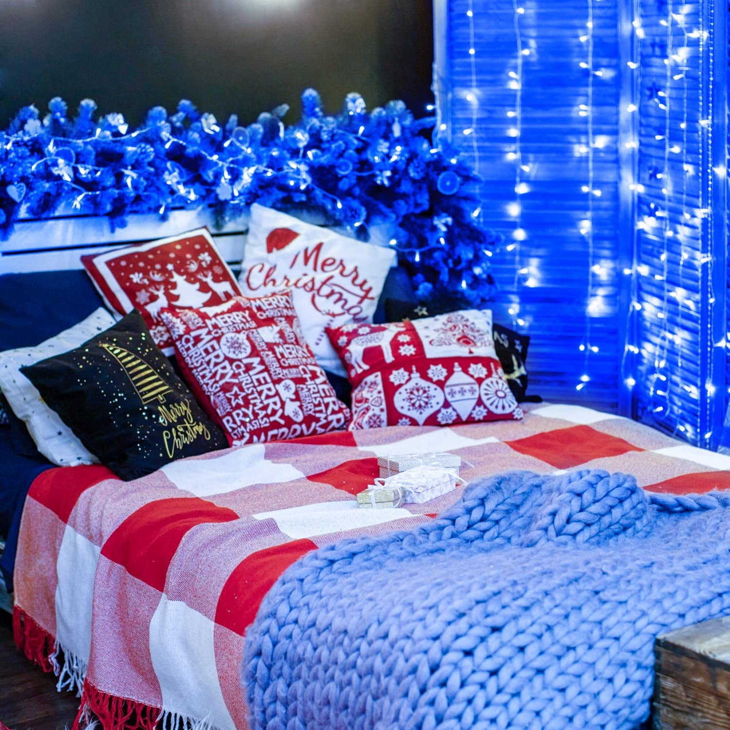 JMEXSUSS Blue Christmas String Lights Indoor Outdoor, 66ft 200 LED Blue String Lights Clear Wire Plug in, 8 Modes Waterproof Christmas Lights for Halloween Tree Party Bedroom  Christmas Decoration