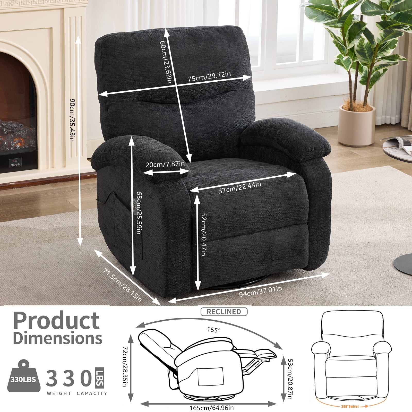 Leumius 360° Swivel Recliner Chair, Single Recliner with Adjustable Detachable Neck Pillow Ergonomic and Cup Holders, 300lbs Capacity Versatile Lounge Chair for Living Room Bedroom Home Theater