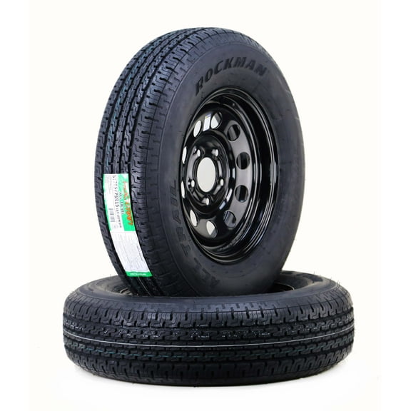 ROCKMAN Trailer Tire Wheel Assembly ST205/75R15 8-Ply D 107M 5 Lug on 5" PCD Black Mod Rim ,SET 2