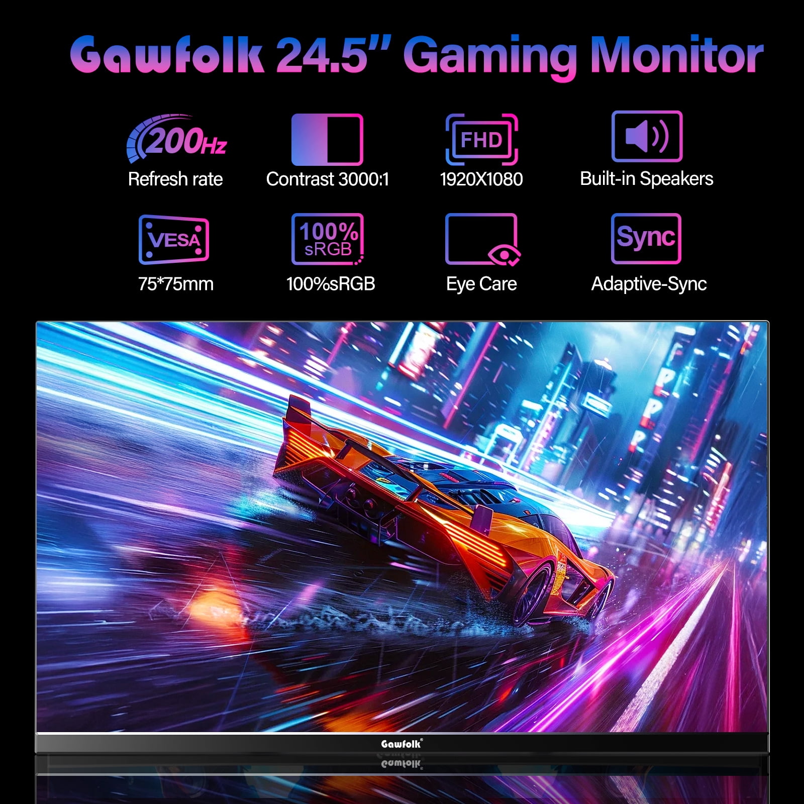 Gawfolk 24.5" 200Hz Gaming Monitor FHD | Frameless | Built-in speaker| 100% sRGB | Eye Care | VESA