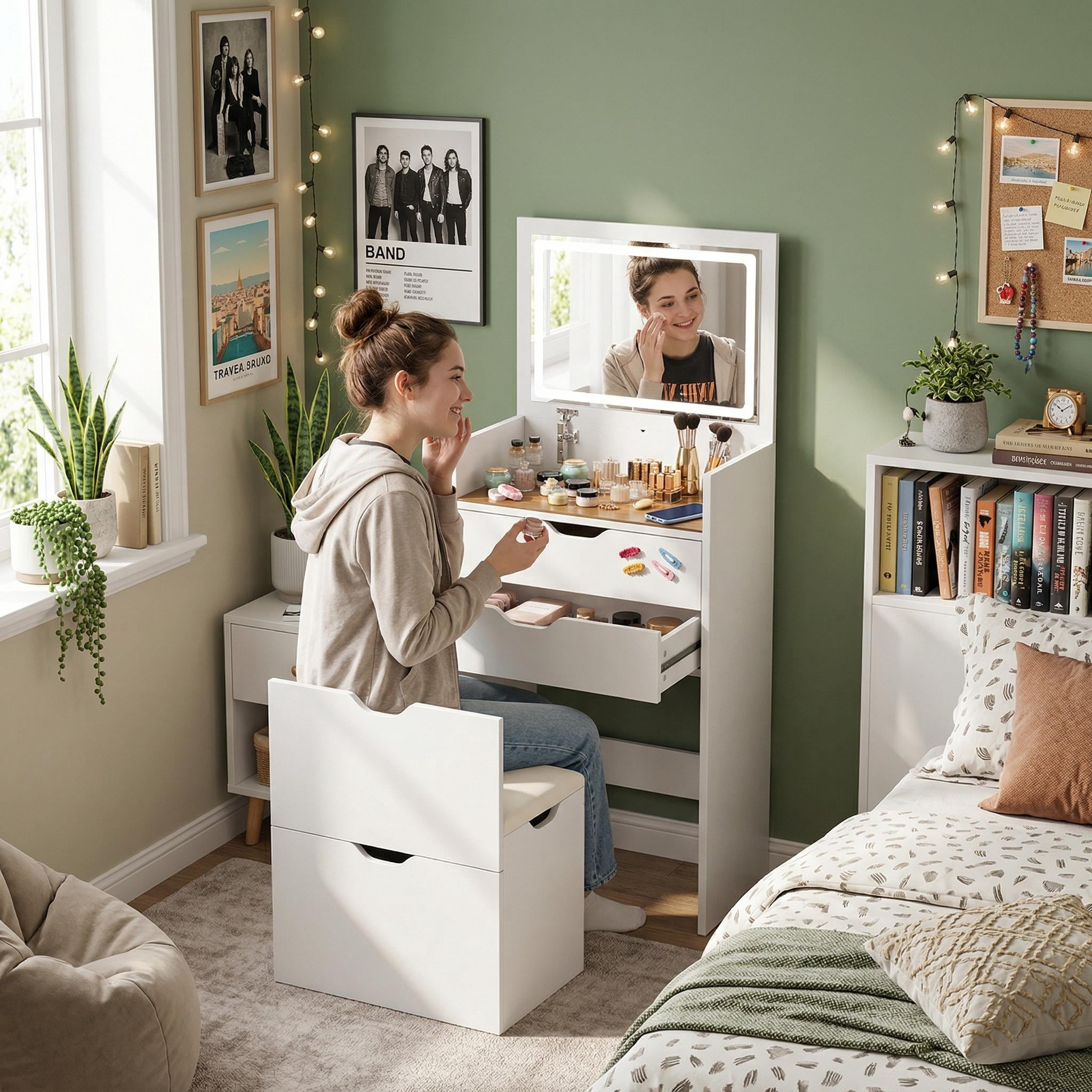 Homy Casa Vanity Table & Bench Set with Flip-Up LED Mirror, Storage Stool, White