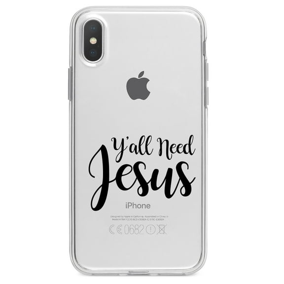 DistinctInk Clear Shockproof Hybrid Case for iPhone XR (6.1" Screen) - TPU Bumper Acrylic Back Tempered Glass Screen Protector - Y'All Need Jesus - Black