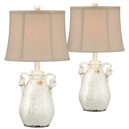 Beige Crackle Finish - Regency Hill Cottage Table Lamps Set of 2 Ceramic Crackled Farmhouse Ivory Jar Beige Bell Shade for Living Room Family Bedroom