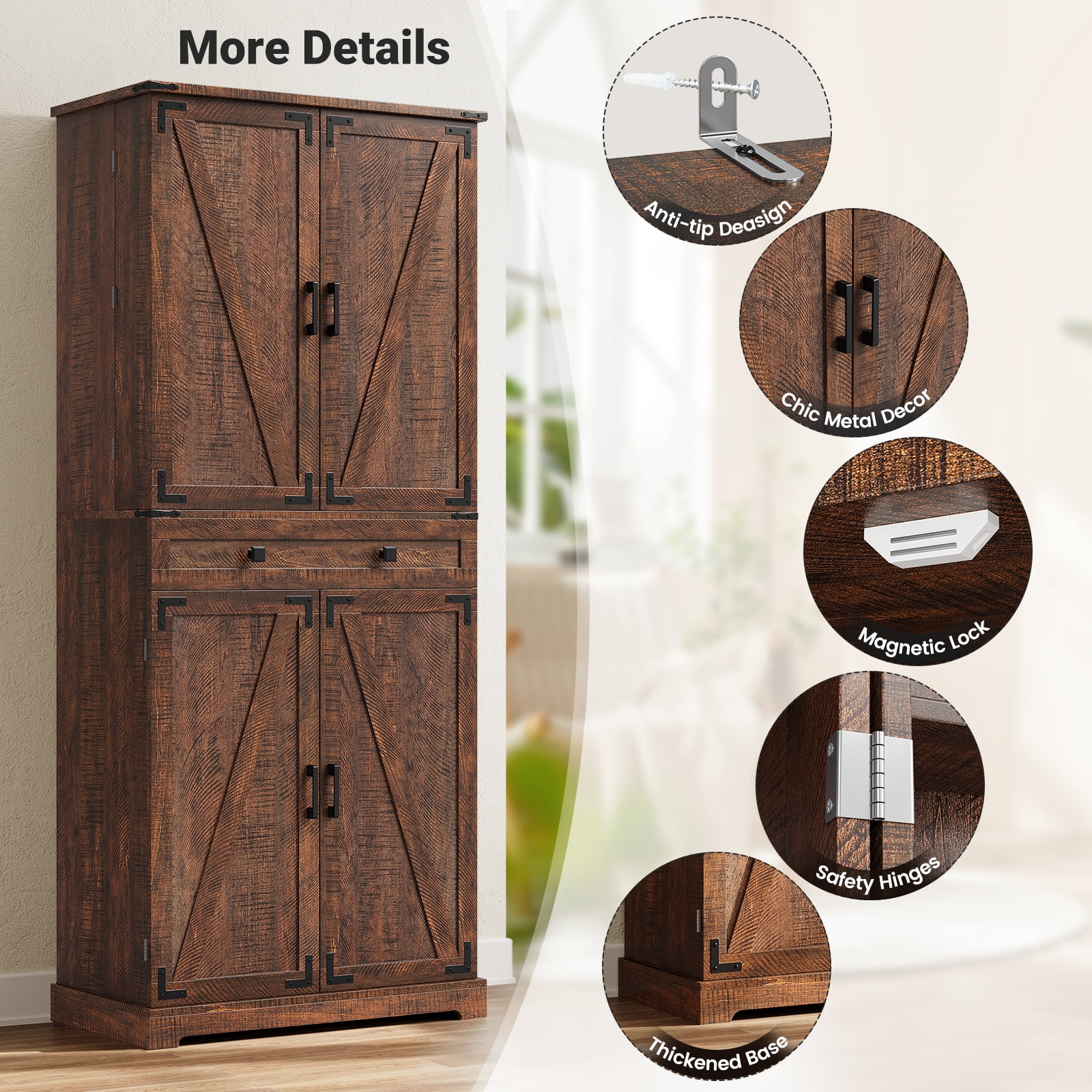 ELYKEN 72" Kitchen Pantry Storage Cabinet with Adjustable Shelves and Drawer, Rustic Brown