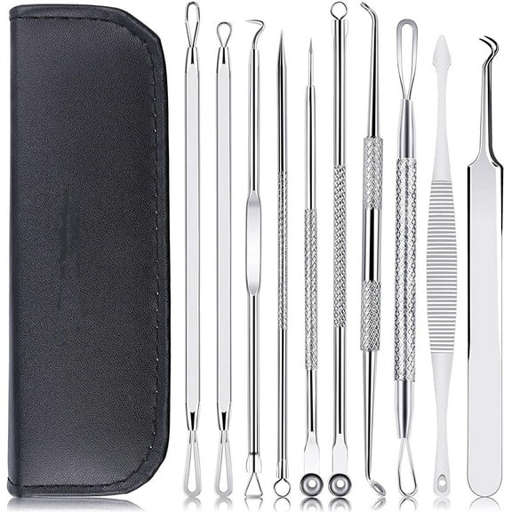 Sherry Pimple Popper Tool Kit, 10 Pieces Blackhead Pimple Popper Tools for Acne, Acne Remover Acne Tool for Nasal Face, Leather Pouch