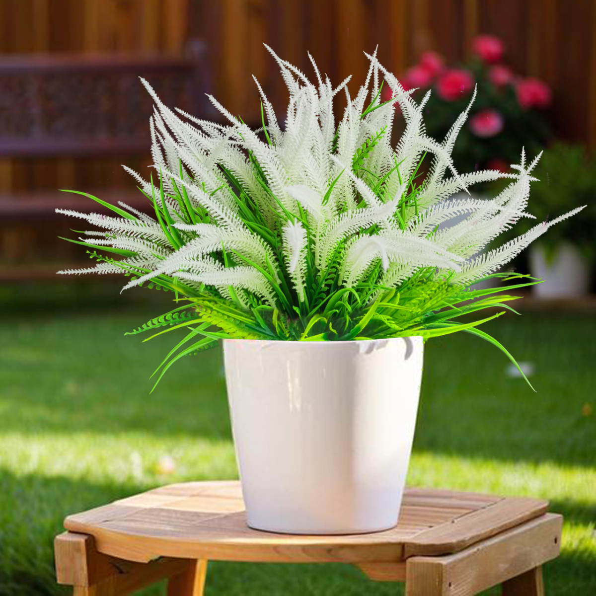 15 Bundles Outdoor Artificial Plants Artificial Flower Outdoor UV Resistant Fake Boston Ferns White Flower Faux Plant Greenery Outside Indoor for Home Porch Pathway Office Yard Garden Décor