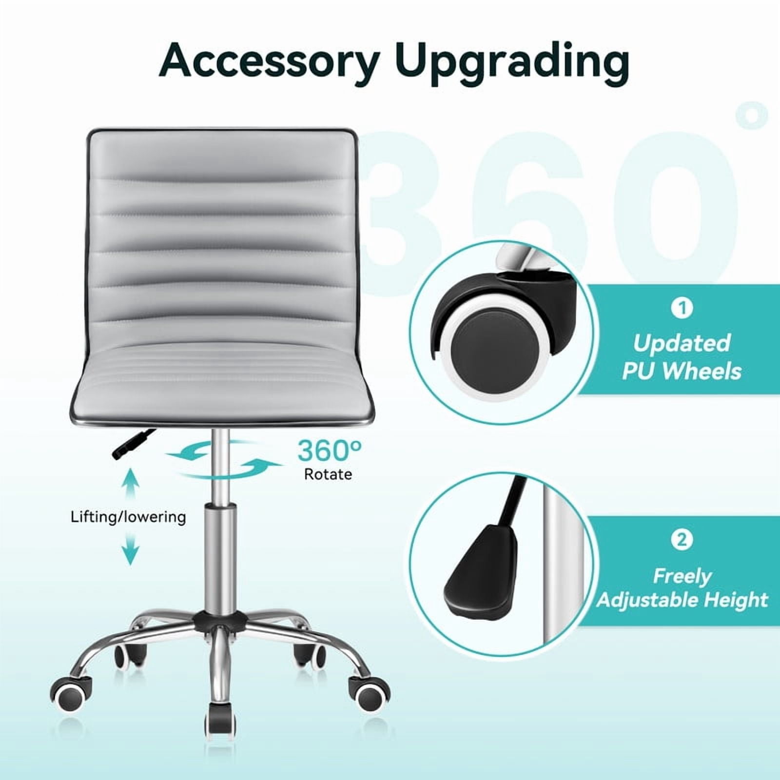 Furmax Leather Swivel Office Chair - Mid Back Vanity Chair for Makeup Desk, Armless Ribbed Task Chair with Ergonomic Support (Light Gray)