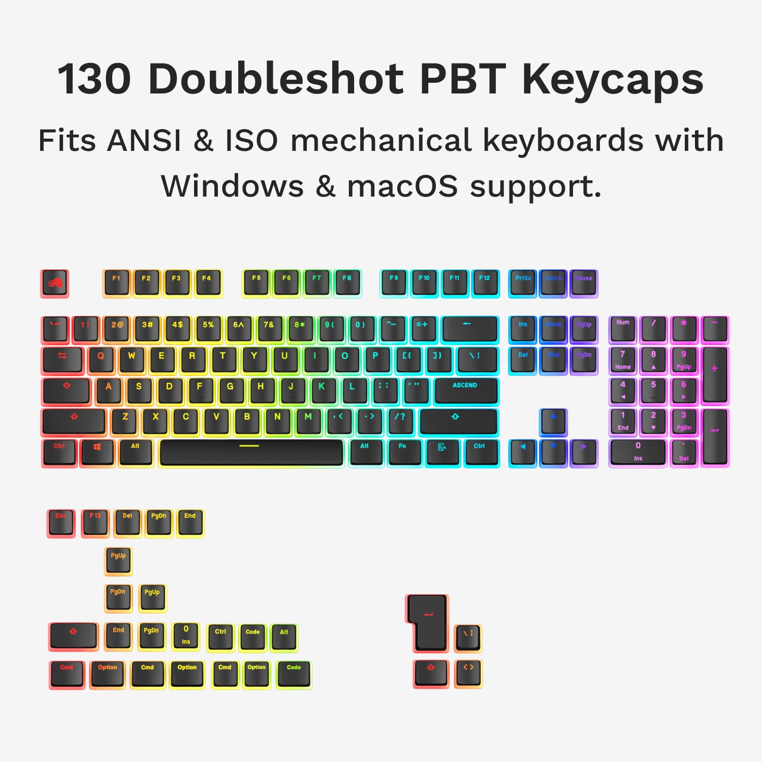 Glorious Gaming - GPBT Aura RGB Keycaps: Pudding Style Keycaps, Double Shot PBT, Translucent Design, Fits 100%, 75%, 65%, 60% Mechanical Keyboards, Fits ANSI, ISO, Windows & macOS, Black
