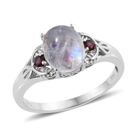 Silver Plated Giftware - Silver Platinum Plated Rainbow Moonstone Rhodolite Garnet Statement Ring Women