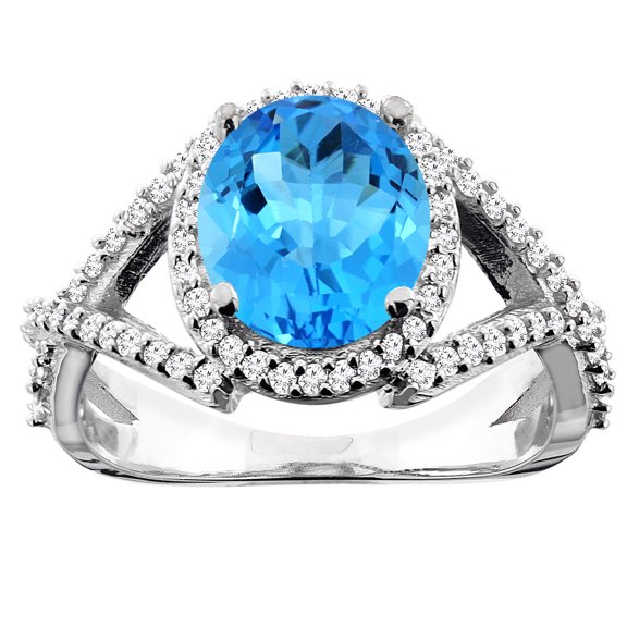 10K White Gold Genuine Blue Topaz Ring Halo Oval 9x7mm Diamond Accent size 7