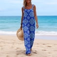 thumbnail image 4 of JULMCOMO Jumpsuits for Women Boho Floral Print Square Neck Vintage Summer Rompers Wide Leg Loose Fit Casual Jumpsuits with Pockets Blue 2XL, 4 of 5