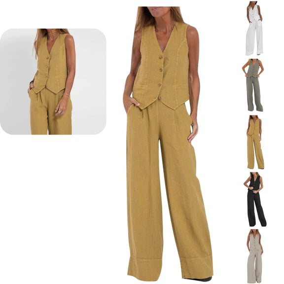 LEKWK Linen Sets for Women 2 Piece V Neck Sleeveless Button Down Vest and Wide Leg Pants with Pockets Summer Fashion Business Casual Work Outfits